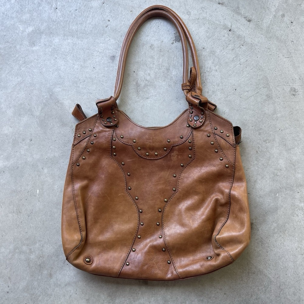 Vintage‎ Frye Brown Genuine Leather Studded Shoulder Bag Western Hobo Purse